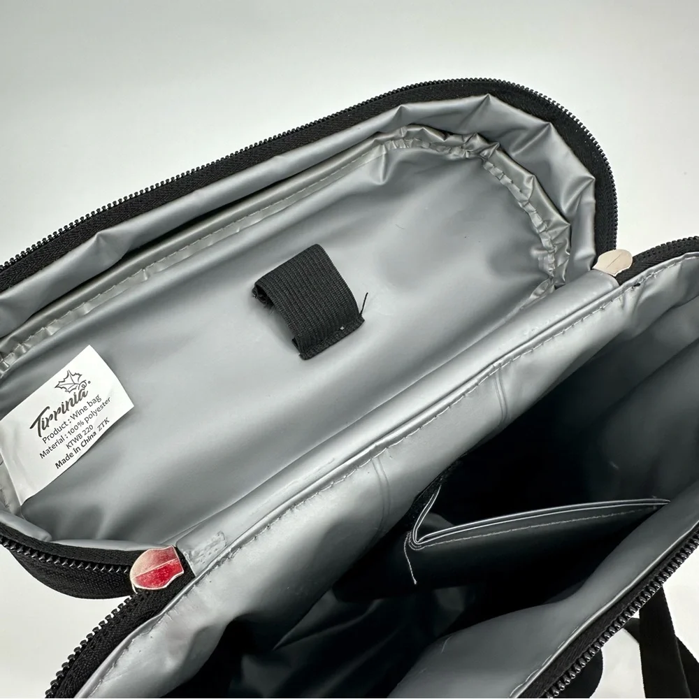 TIRRINIA 2-bottle Wine Carrier Bag with Strap & Divider Black Zip Insulated